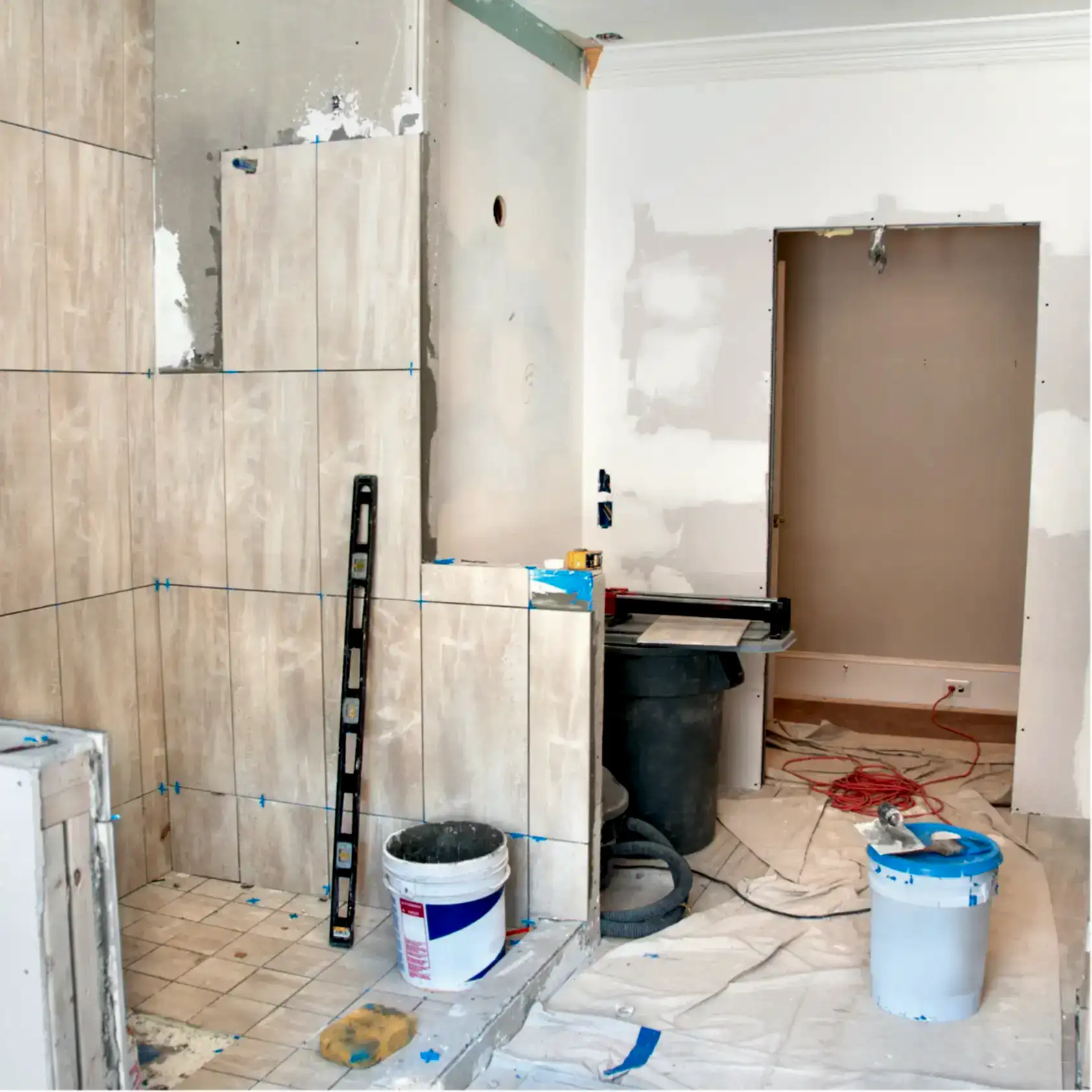 Kırılıp yeniden yapılmış, duşakabin, gömme rezervuar ve seramik işçiliği tamamlanmış banyo tadilatı.