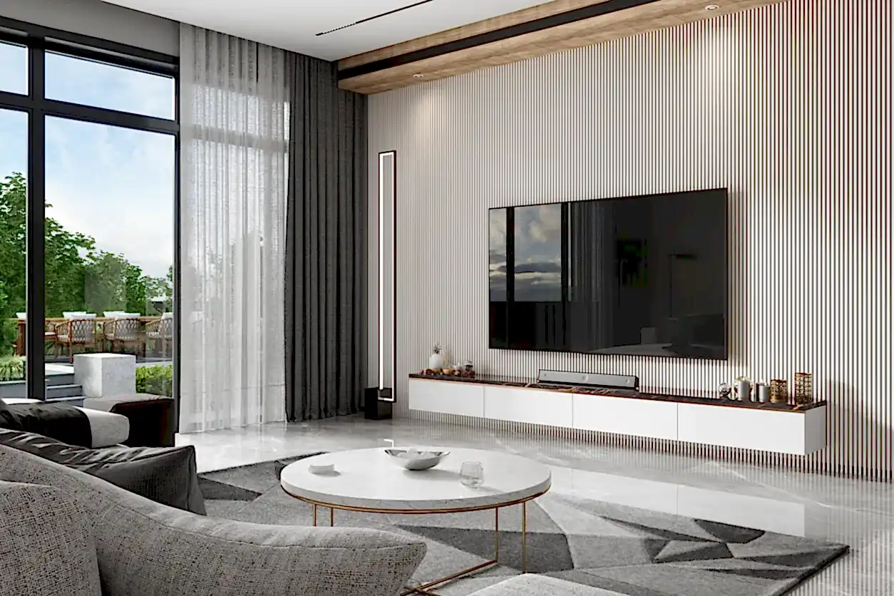 Modern minimalist salon dekorasyonu, gri koltuk ve mermer sehpa.